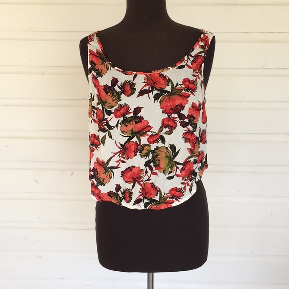 Topshop Tops - Top Shop Floral Coral Green White Tank Top